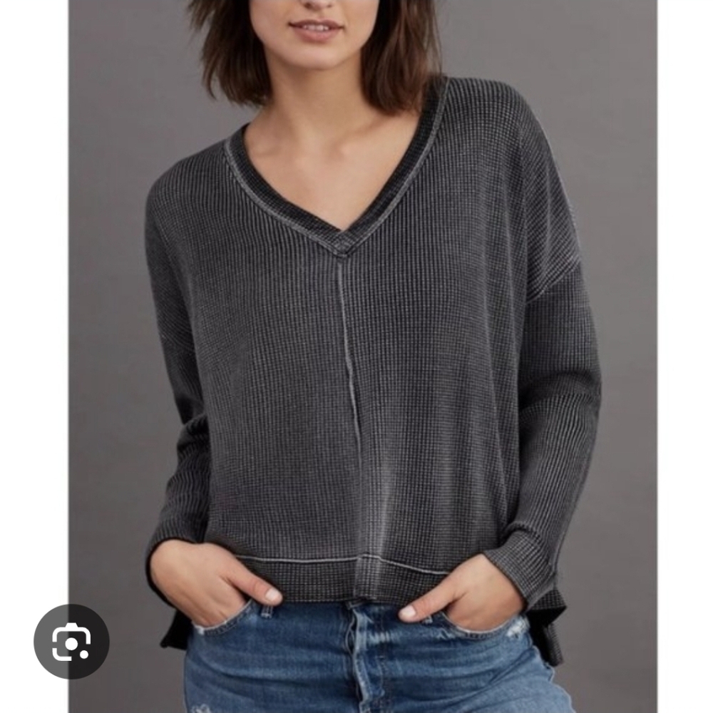 Anthropologie Pilcro Moira Pullover Gray V-Neck Top Size S OVERSIZED